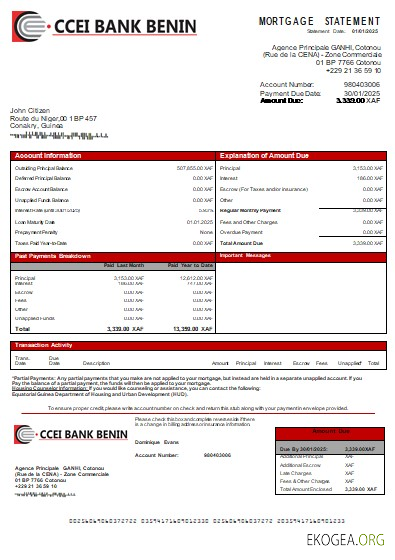 Guinée équatoriale CCEI Bank Bénin relevé hypothécaire bancaire scr
